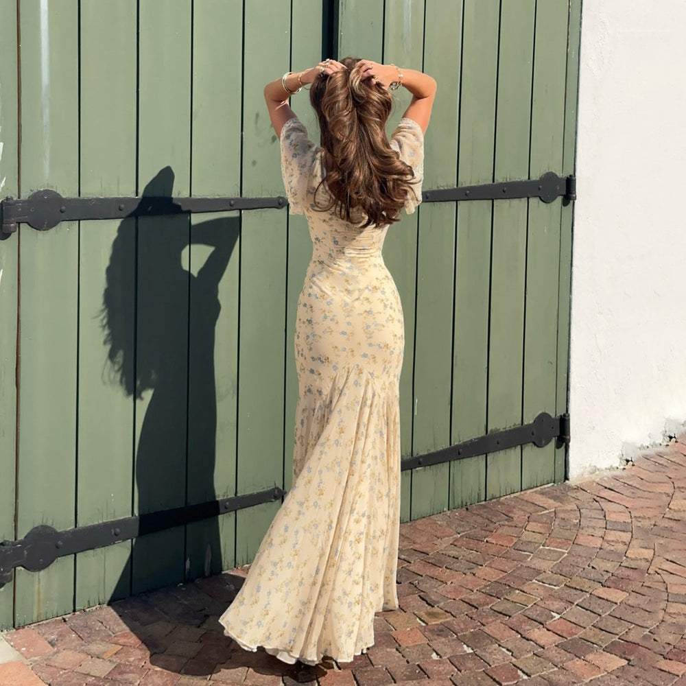 Summer French Elegant Floral Lace V neck Dress Wave Idyllic Vacation Asymmetric Skirt
