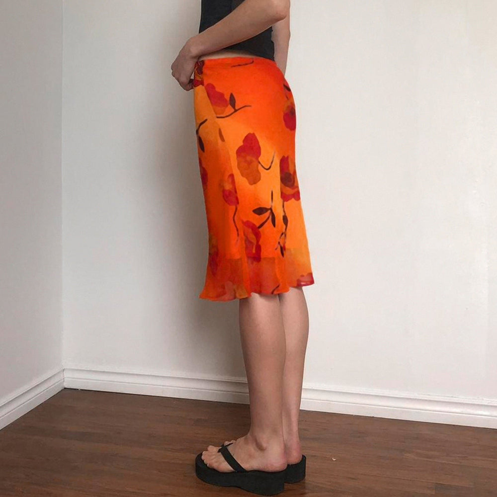Chinese Retro Floral Print Rendering Contrast Color Sheath Skirt Vacation Chiffon Mesh Midi Skirt
