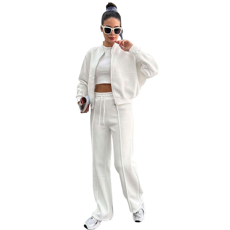 Autumn Winter Solid Color with Fur Zipper Cardigan Women Clothes Casual Straight Pants Two Piece Sets