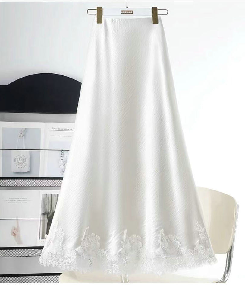 Western Lace Stitching Silk Skirt Spring Draping Glossy A line Midi Skirt Women