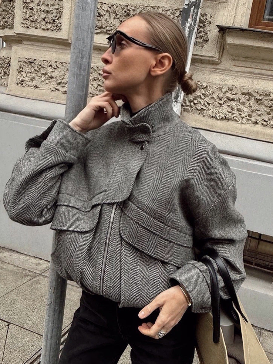 Herringbone Pattern Stand Collar Jacket Autumn Winter Zipper with Pocket Top Loose Woolen Coat