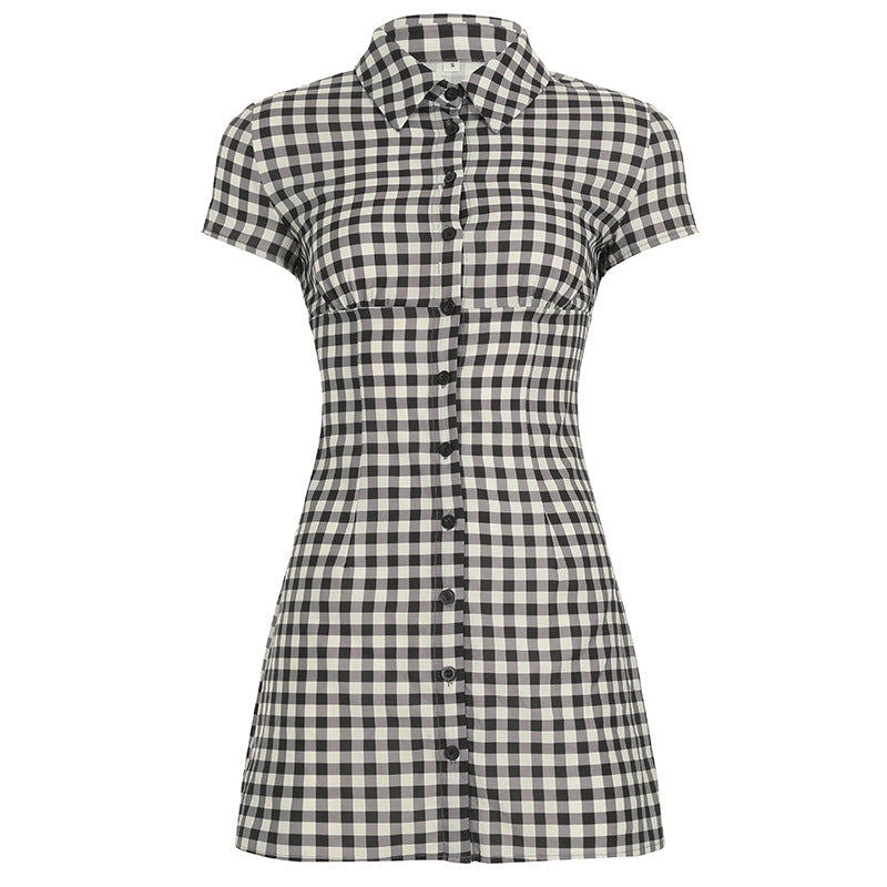 Women Plaid Smocking Waist Trimming Shirt Dress Slimming Breasted