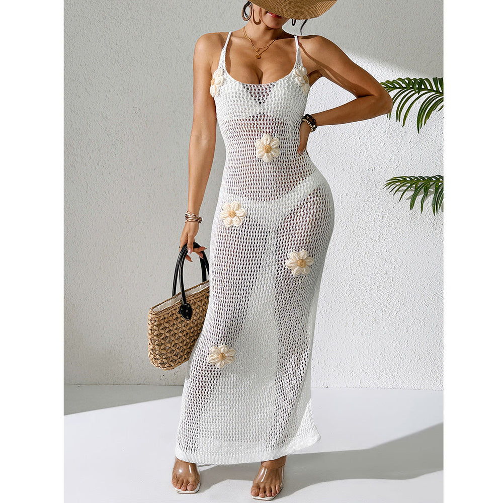 Women Clothing Dress Fresh Hand Crocheting Floral Decoration Hollow Out Cutout out Halter Lace up Sexy Side Split Knitted Dress