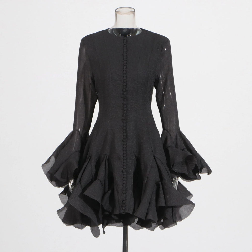 Spring Ruffles Design Waist Tight Slimming Flared Sleeves Dress Women