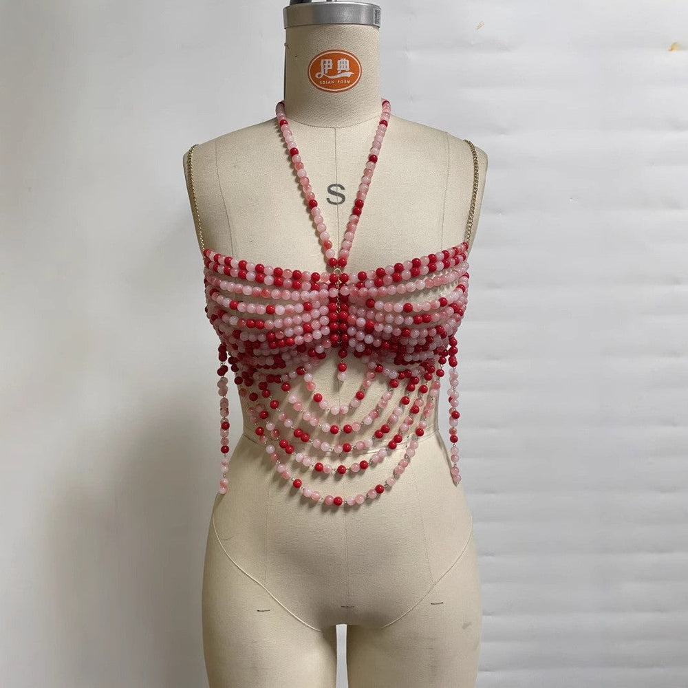 Multi Layer Pearl Sexy Bra Backless Halter Hollow Out Cutout out Camisole