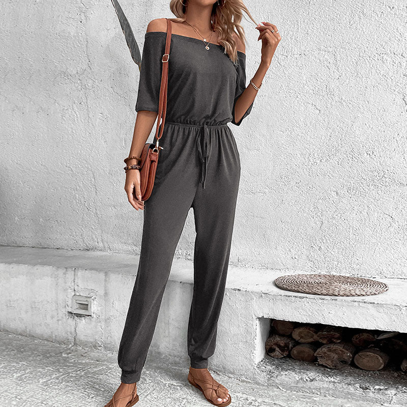 Women Casual Vacation Jumpsuit off Shoulder Solid Color One Piece Trousers