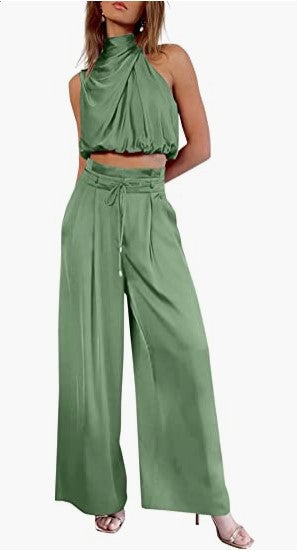 Women Casual Sleeveless Collar Two Piece Sets Wide Leg Pants Summer Cropped Top