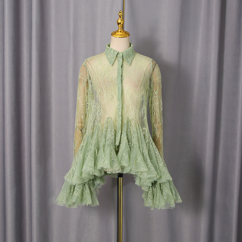 French Sexy Short Dress Spring Polo Collar Single Breasted Waist Controlled Slimming Long Sleeve Lace Stitching Dress