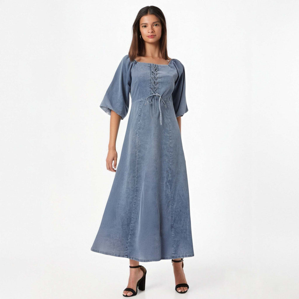 Square Mouth Long Sleeve Lantern Sleeve Waist Tight Solid Color Long A line Denim Thin Dress