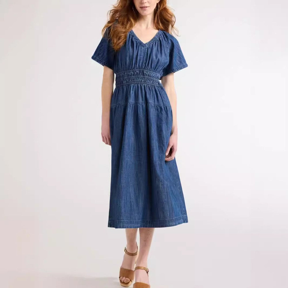 Summer Popular V neck Pleated Waist Tight Slimming Dress Dress