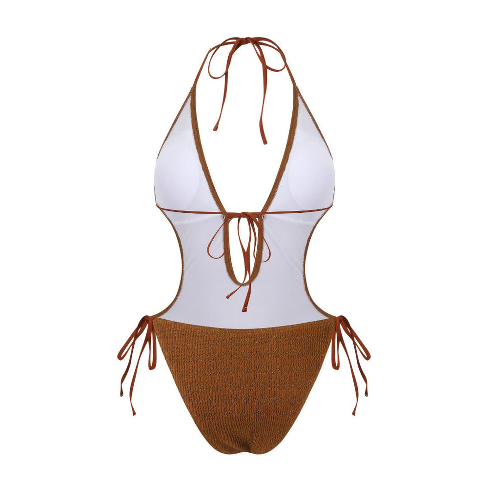 Bikini Sexy Deep V Plunge Lace up Halterneck Backless Siamese Women Swimsuit