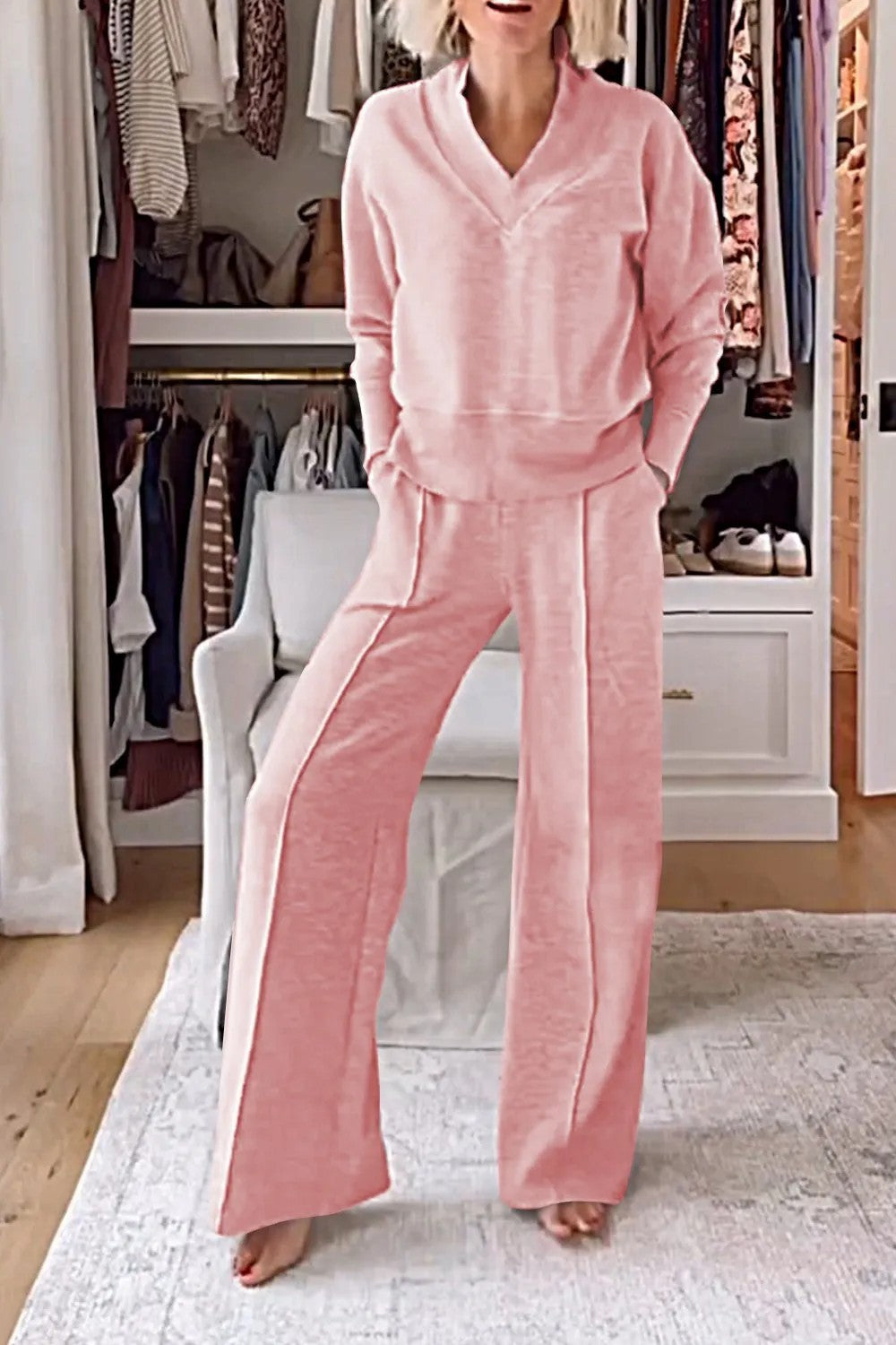 Autumn Casual V neck Long Sleeve Loose Top Wide Leg Pants Two Piece Set
