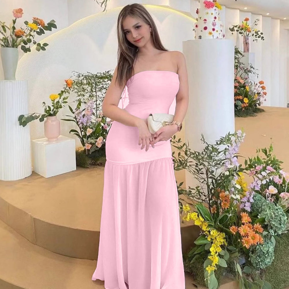 Summer Women Clothing Sexy Elegant Stitching Mesh Tube Top Slimming Dress