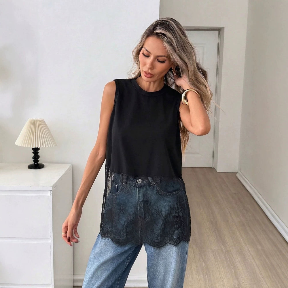 Black Sleeveless Lace Stitching Vest T shirt Women Top