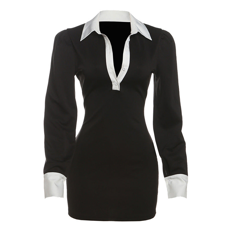 Women Clothing Autumn Elegant Contrast Color Slim Fit Sheath Collared Button Shirt Dress