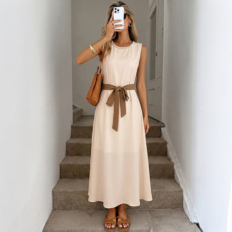 Simple Elegant Beaded round Neck Cinched Sleeveless Dress