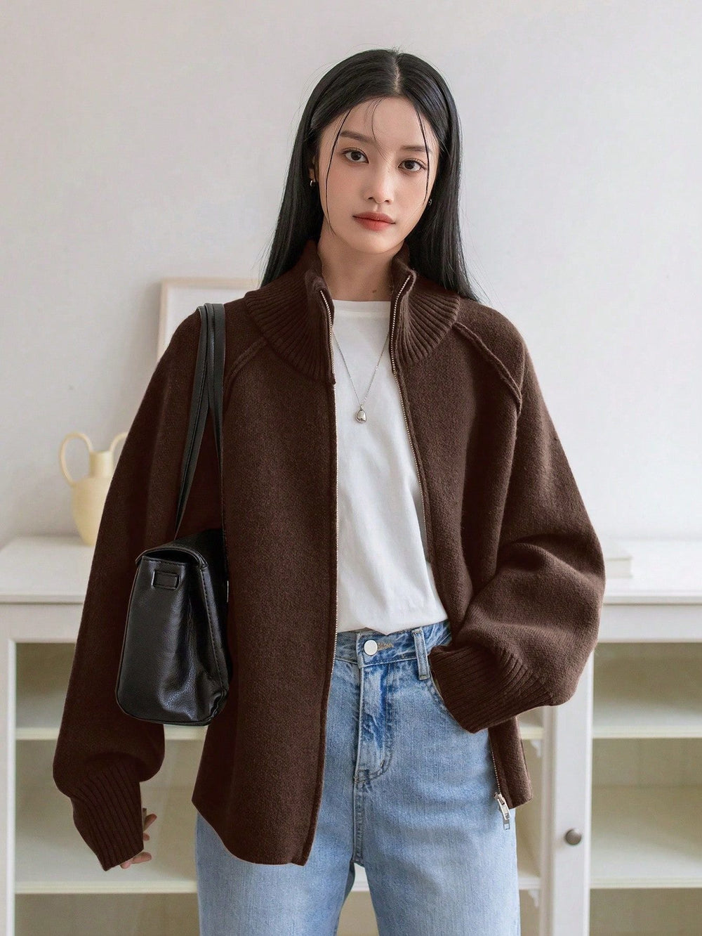 Lazy Sweater Coat Women Autumn Winter Korean Solid Color Stand Collar Zipper Knitted Cardigan Top