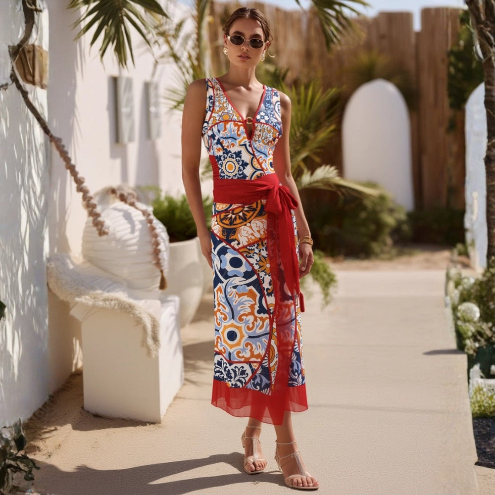 Swimsuit V neck Pattern Printed One Piece Swimsuit Women Wrap Skirt