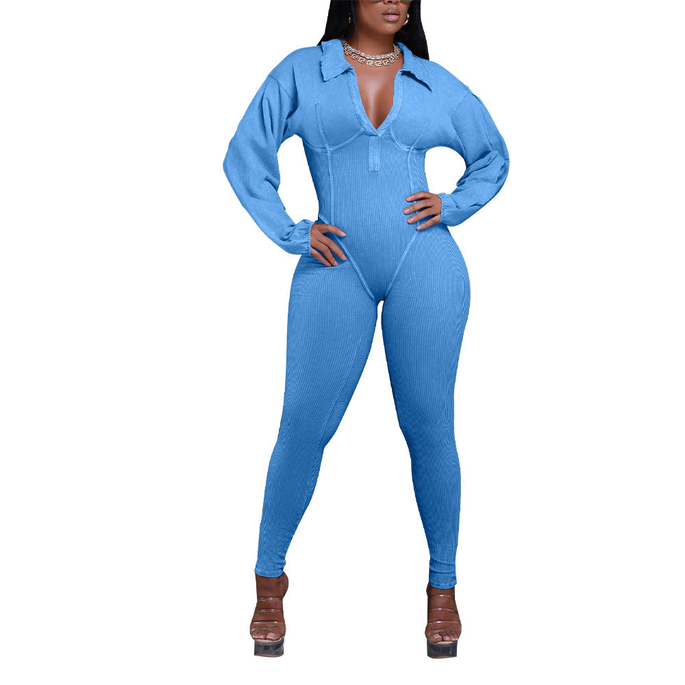 Women Clothing V Neck Gigot Sleeve Tight Stitching Jumpsuit Autumn Winter