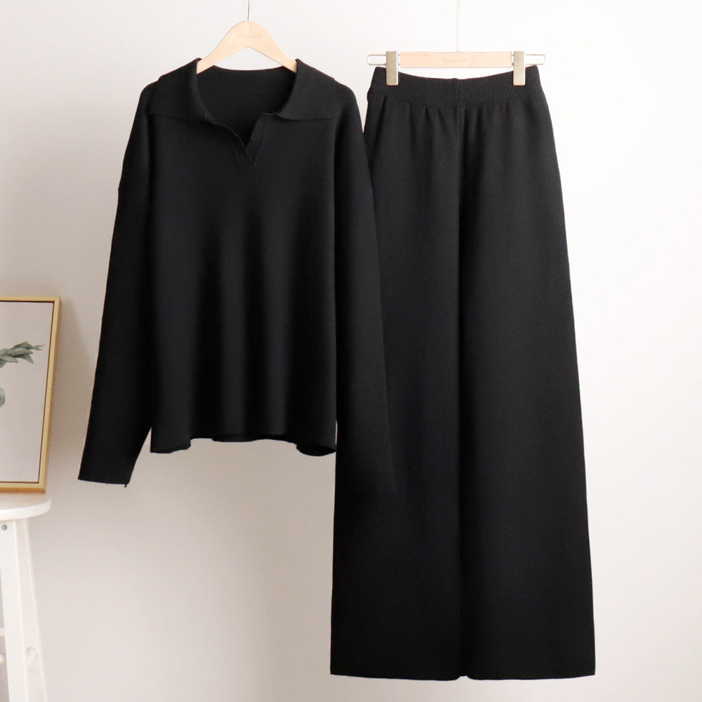 Knitting Suit Autumn Winter Sweater Polo Collar Knitted Pullover Wide Leg Trousers Two Piece Set