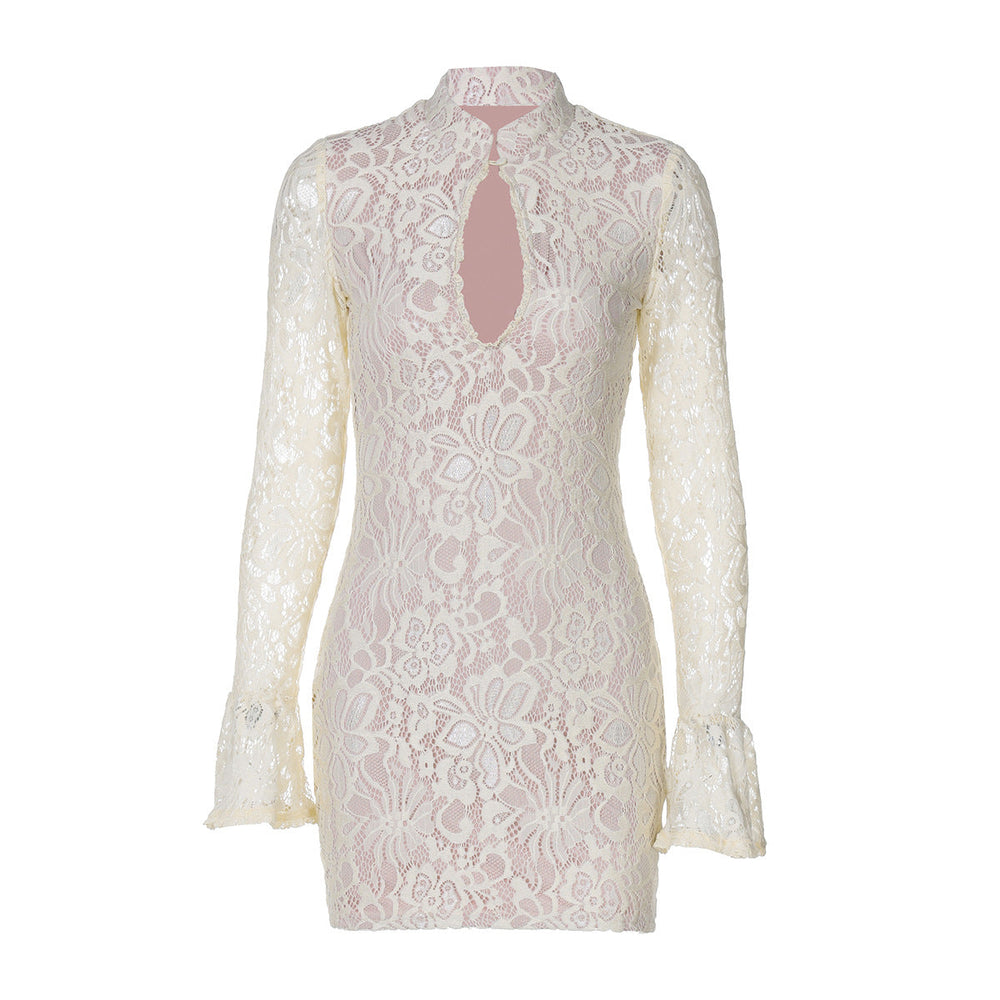 Women Clothing Winter Sexy Lace Cutout Package Hip Flare Sleeve Dress