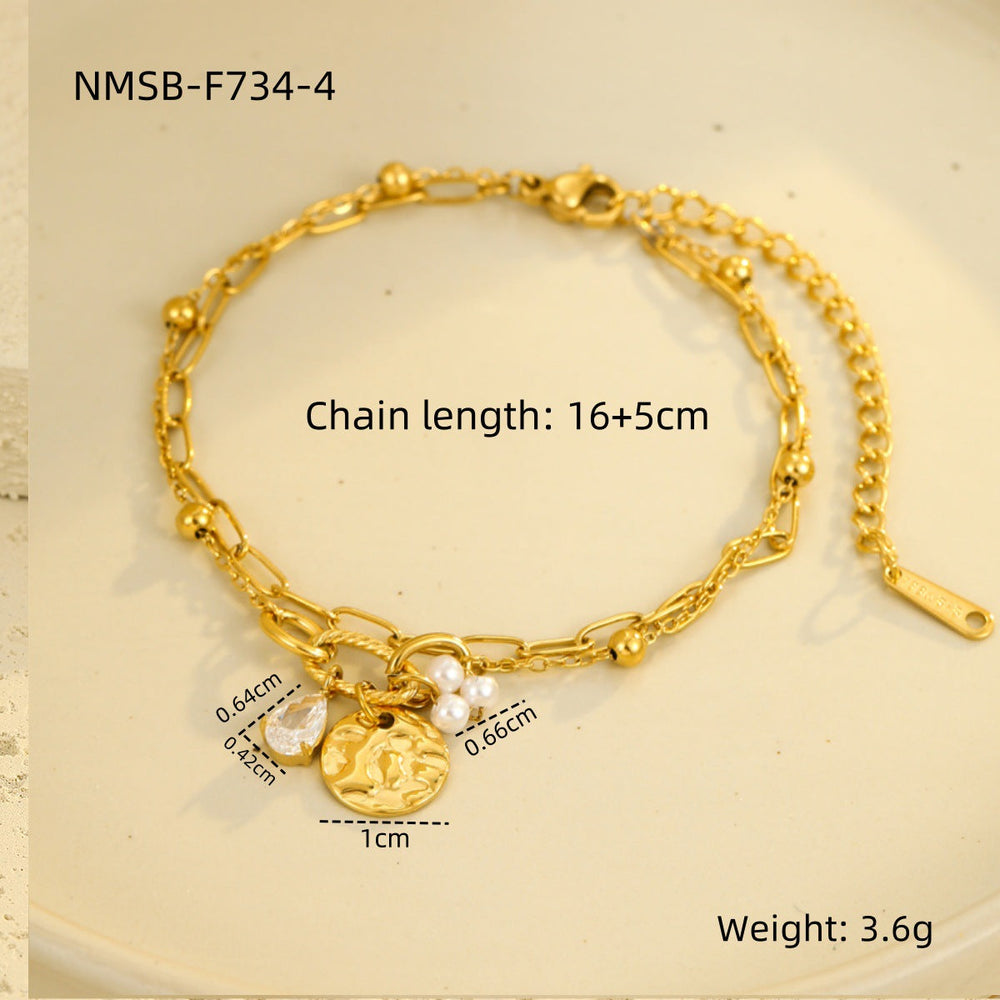 Autumn Winter Light Luxury High Grade Titanium Steel Bracelet Water Drop Zircon Pearl Embellished round Brand Women Bracelet Jewelry
