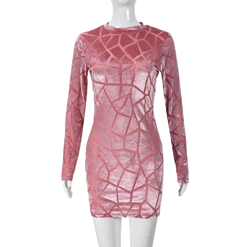 Women Hip Wear round Neck Long Sleeve Flocking Sexy Short Hip Dress