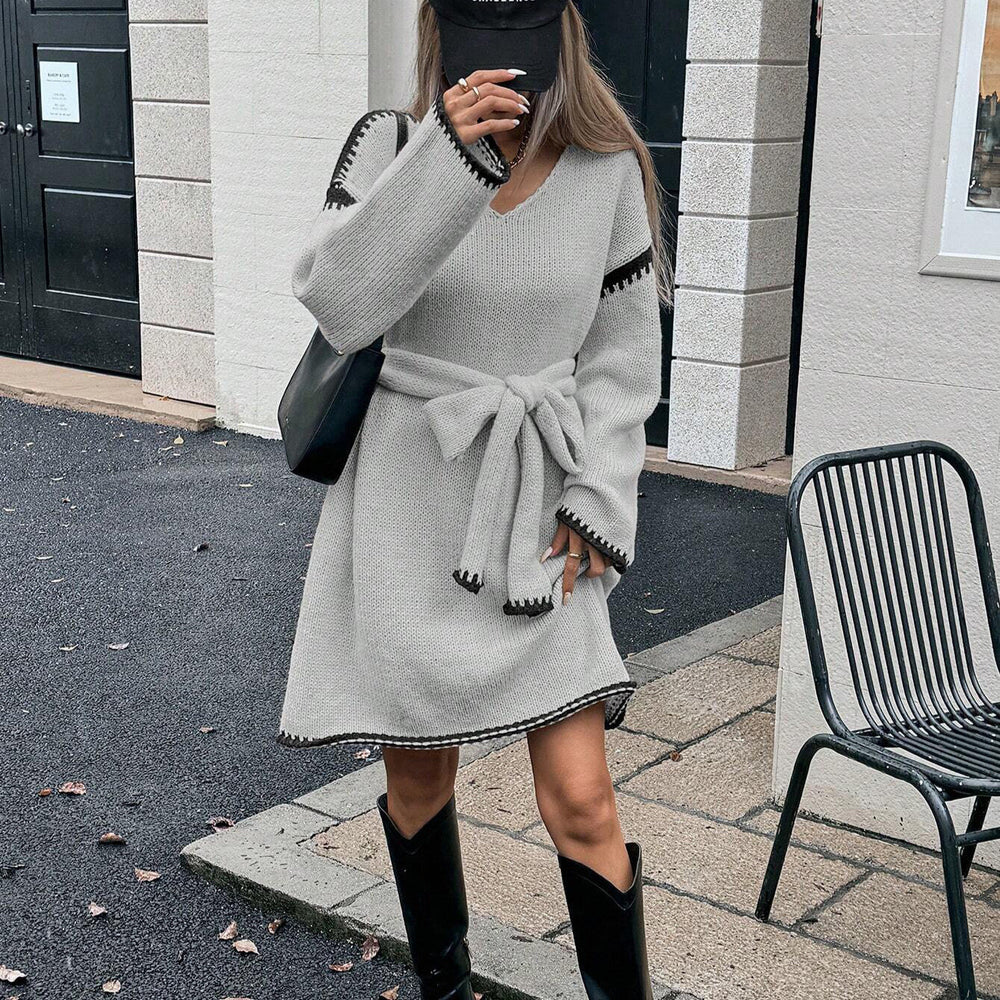 Idle Tie Waist Trimming Loose Knitted V neck Long Sleeve Fall Mid Length Dress Women