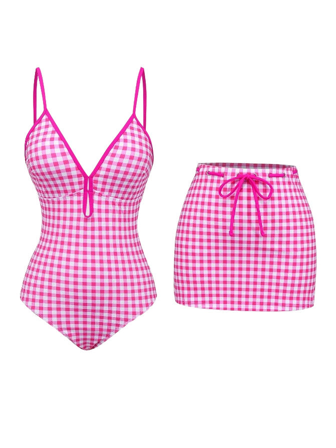 Bikini One Piece Ladies Conservative Swimsuit Plaid Printed Skirt Two Piece Sets