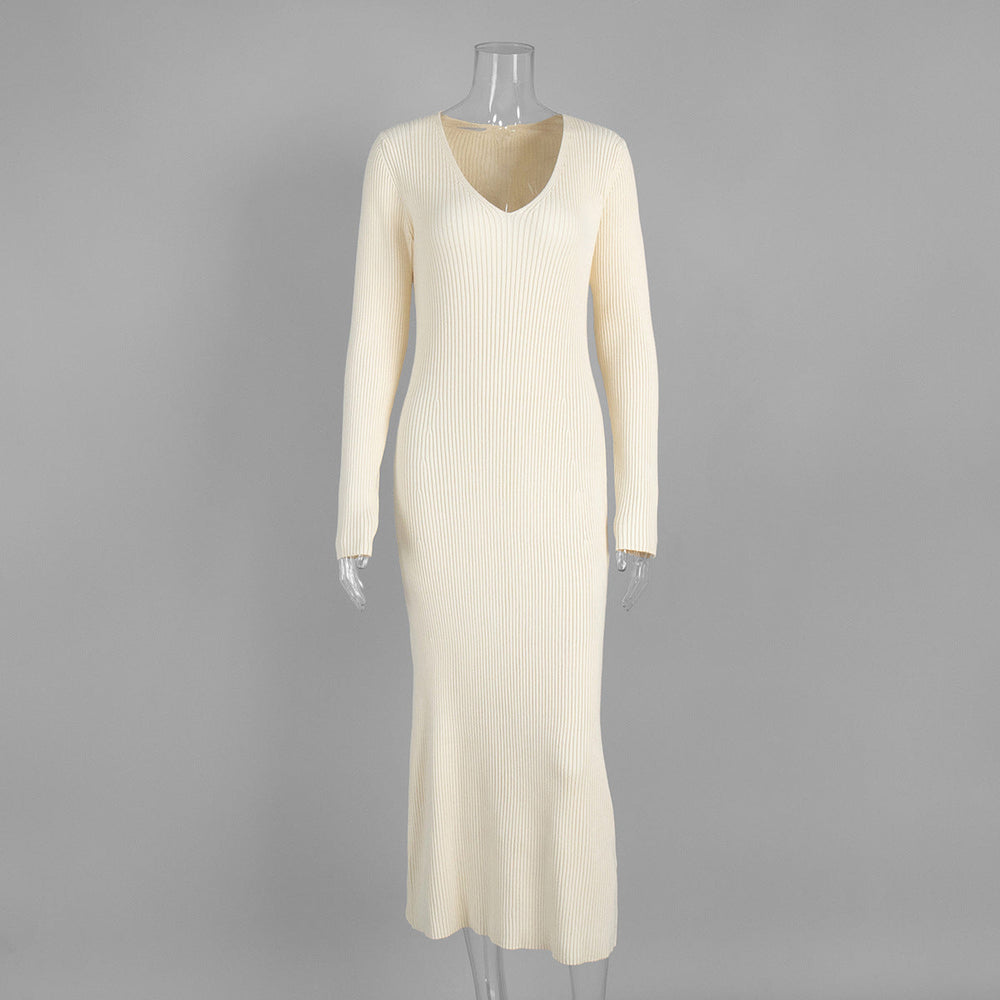 Solid Color Long Sleeve Dress Women Autumn Winter Elegant V neck Slim Hip Knitwear Dress