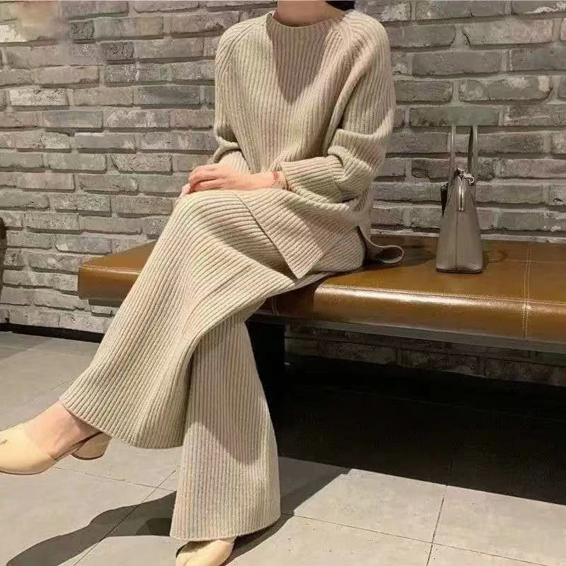 Solid Color Split Sweater Wide Leg Pants Two Piece Set Women Spring Loose Spring Autumn Knitting Suit