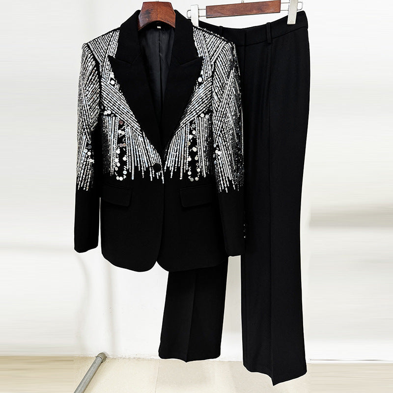 Heavy Industry Nail Pearl Embroidery Sequ Work Pant Two Piece Set