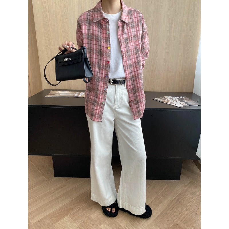 Early Autumn Color Button Design Loose All Cotton Plaid Long Sleeve Shirt