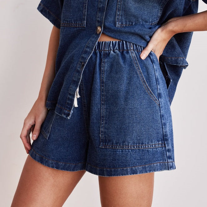 Retro Casual Loose Pockets Short Sleeved Shirt Shorts Denim Two Piece Sets