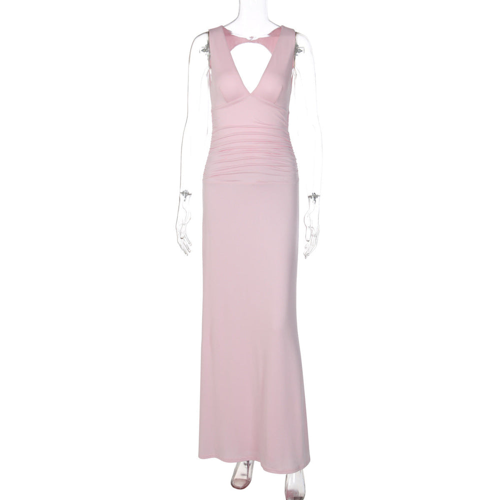 Summer Women Clothing Sexy V neck Backless Slim Fit Pleated Vest Type Double Layer Dress
