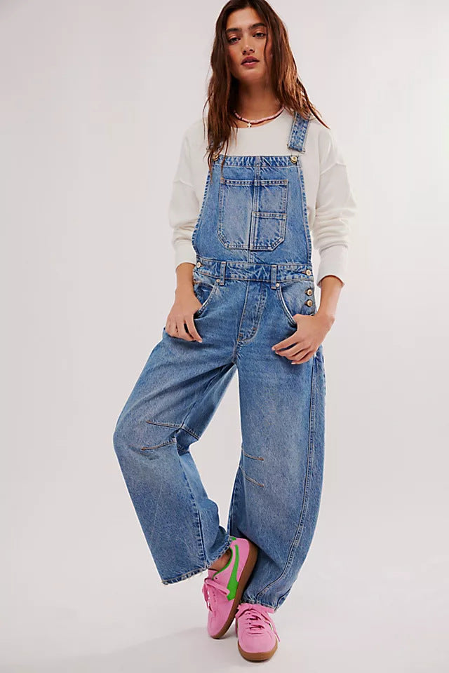 Street Washed out Vintage Loose Straight Cargo Jeans Suspender Pants