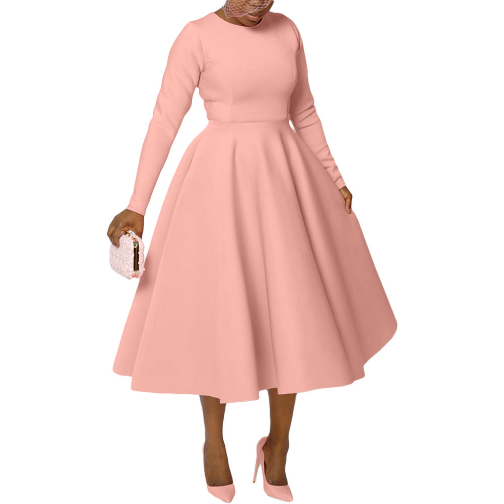 Women Clothing Solid Color round Neck Long Sleeve Flat Part of Knife Large Swing Dress