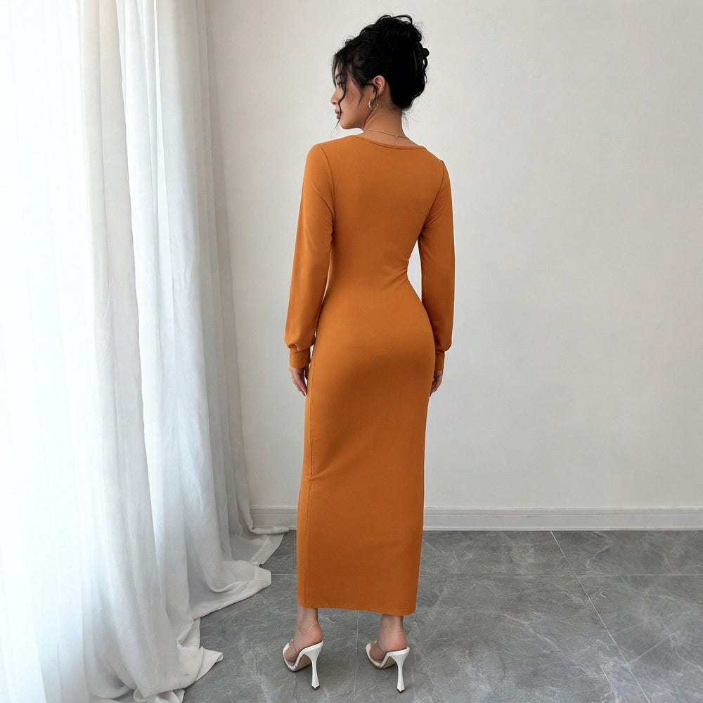 Elegant V Neck Pleating Long Sleeved Dress Waist Cinching Slimming Slit Hip Wrapped Mid Length Dress