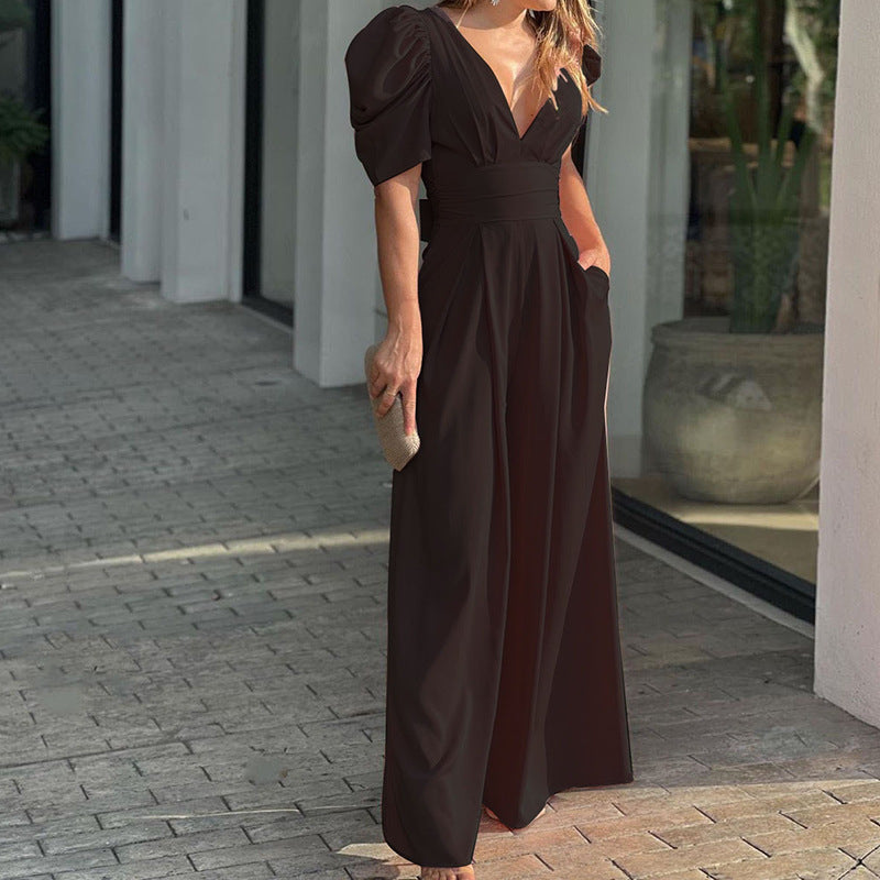 Women Clothing Short Sleeve Elegant Wide Legs Jumpsuit