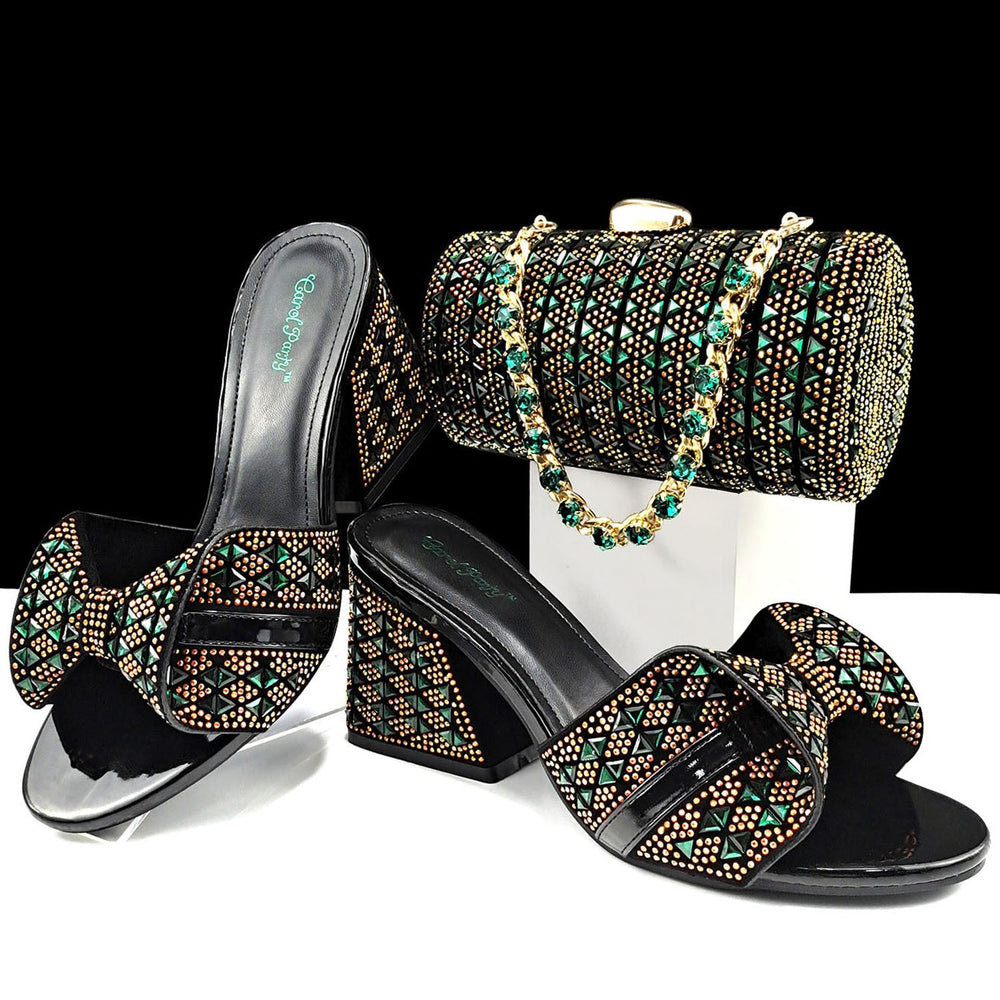Women Shoes Bags Two Piece Sets Summer Mouth High Heel Slippers Color Matching Rhinestone Embellished Cylindrical Bag Casual