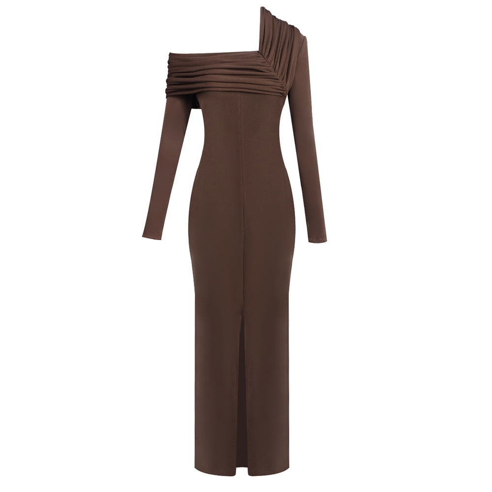 Spring Dark Brown One Shoulder Dress Pleated High Slit Maxi Dress the Dinner Party Host