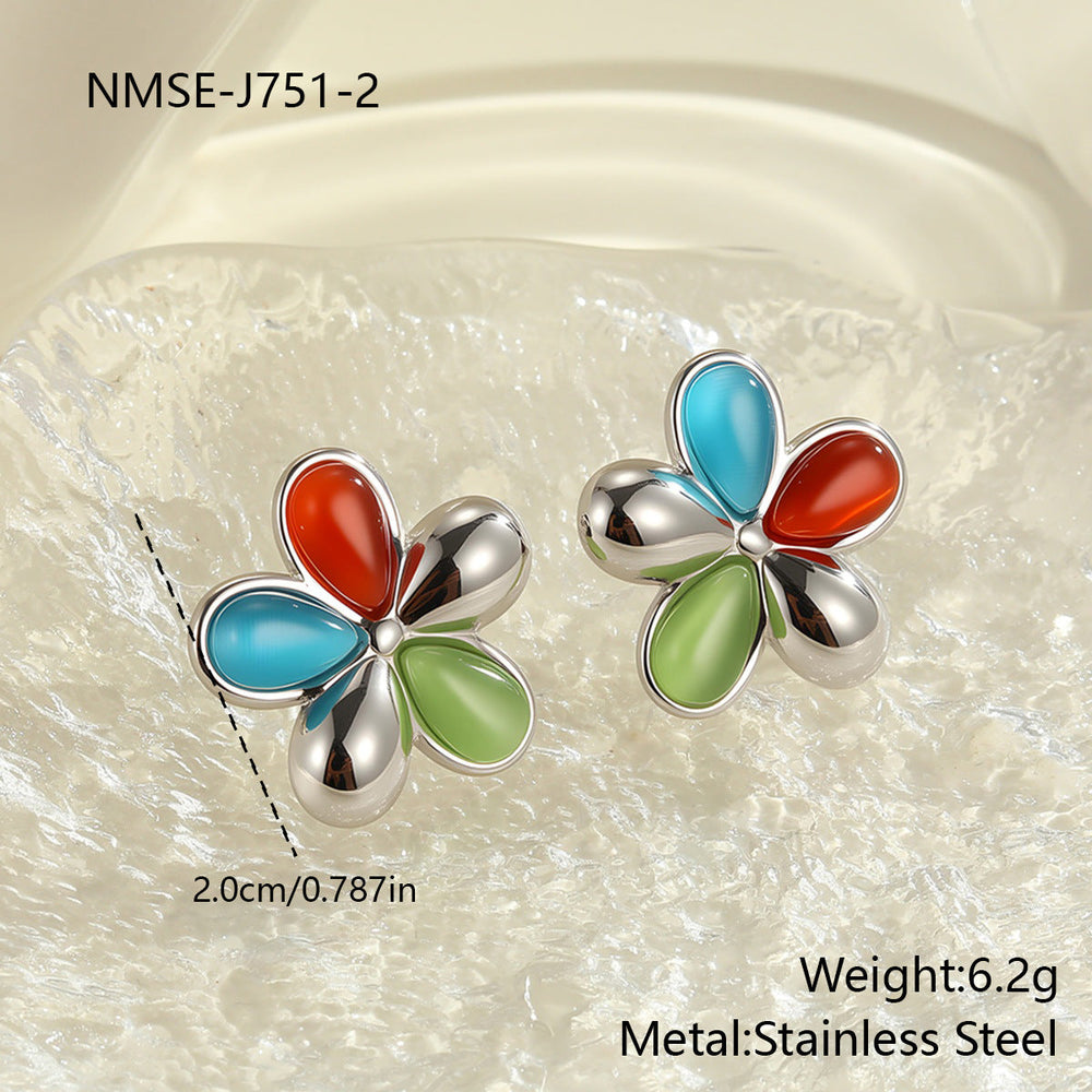 Colorful Opal Floral Stainless Steel Studs 18K Gold Plating Refined Wild Earrings