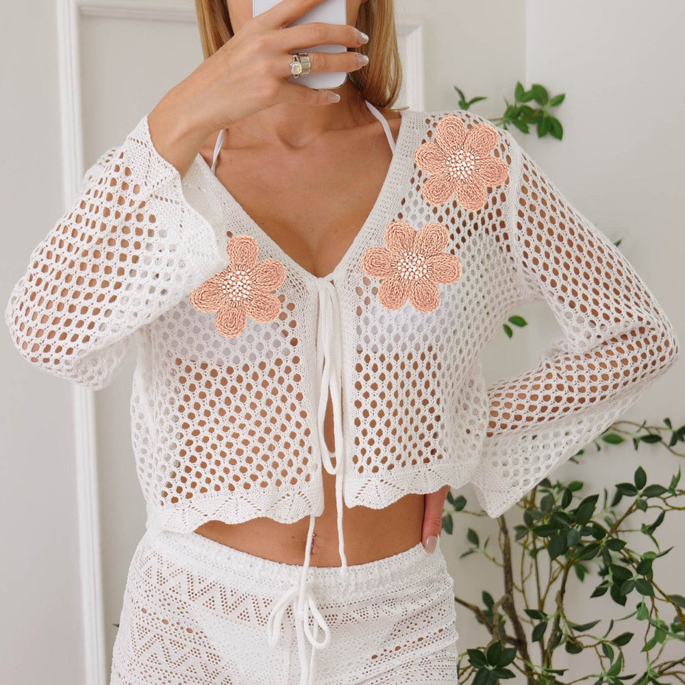 Women Lace up Cardigan Women Hollow Out Cutout out Woven Embroidered Floral Stitching Beach Sun Protection Long Sleeved Blouse Casual Coat