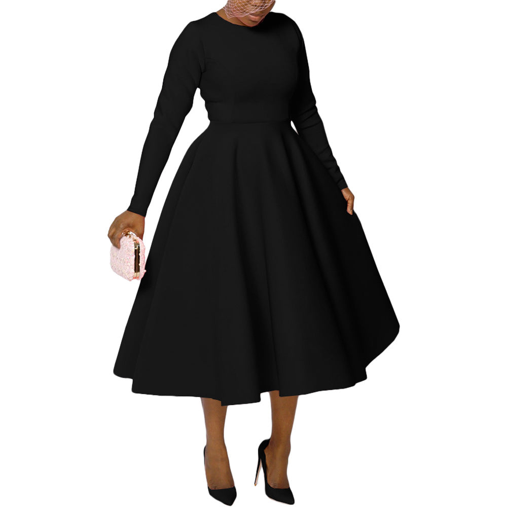 Women Clothing Solid Color round Neck Long Sleeve Flat Part of Knife Large Swing Dress