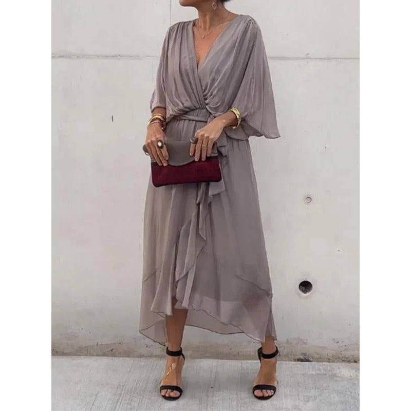 Women Clothing Solid Color Tied Maxi Dress Batwing Sleeve Irregular Asymmetric Dress