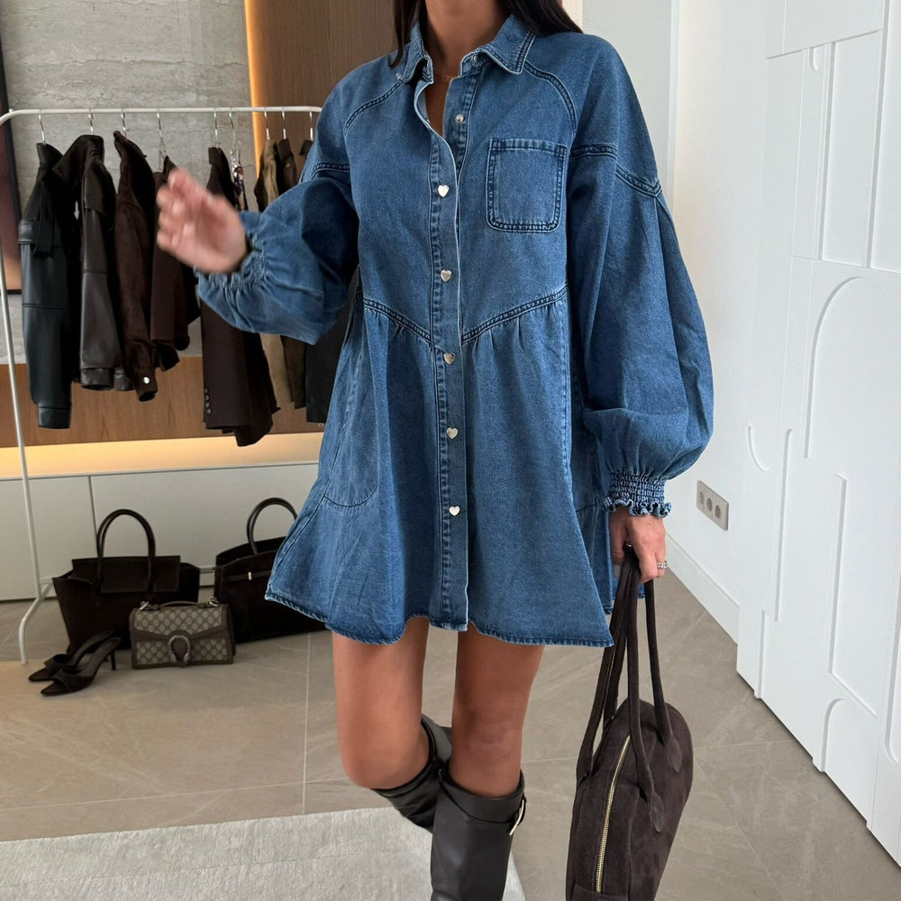 Women Clothing Casual Shirt Button Long Sleeve Denim Dress