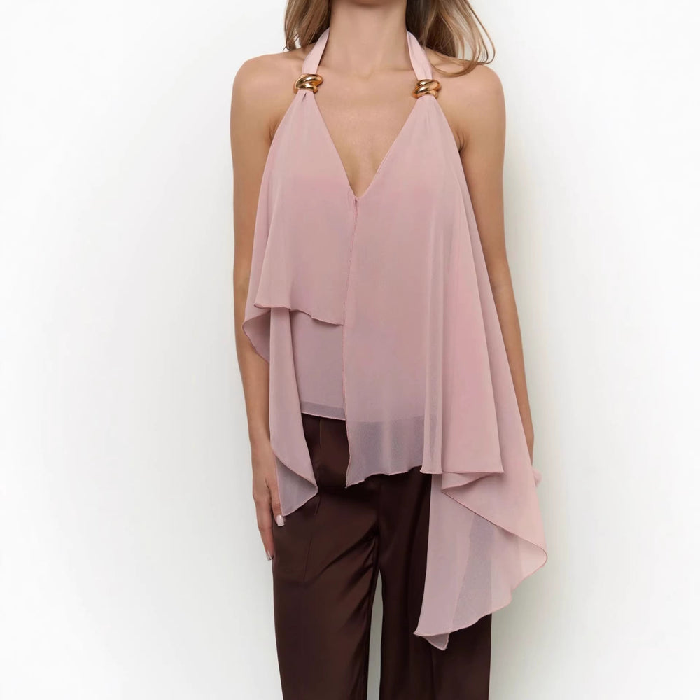 Sexy V neck Halter Sleeveless Vest Women Summer Casual Elegant Graceful All Match Chiffon Shirt