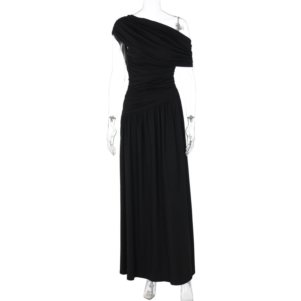 Women Clothing Spring Arrival Fashionable Sexy Diagonal Collar Pleated Asymmetrical Solid Color Dress