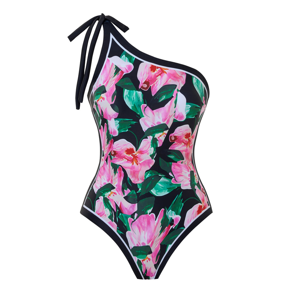 Sexy Swimsuit Women Siamese Triangle Shoulder Polyester Printed Lace up Swimsuit