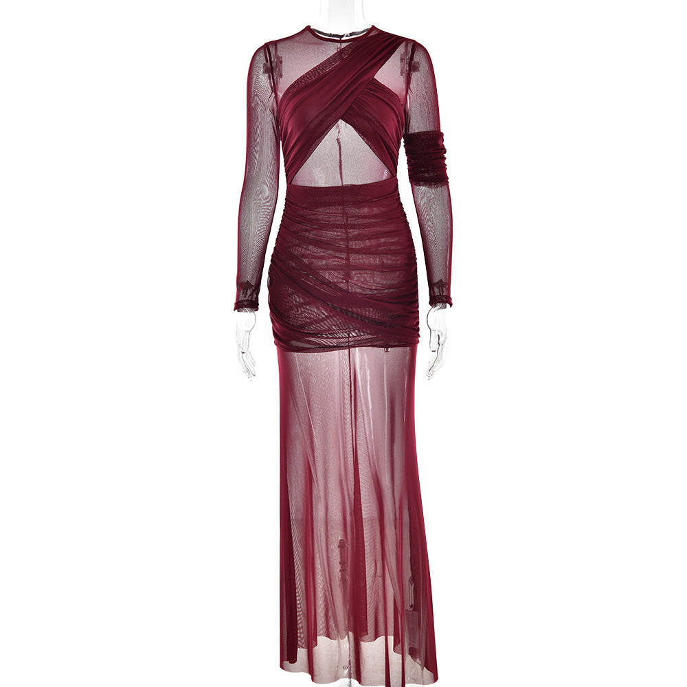 Sexy Mesh See through Maxi Dress Long Sleeve Sexy Pleated Slim Fit Dress